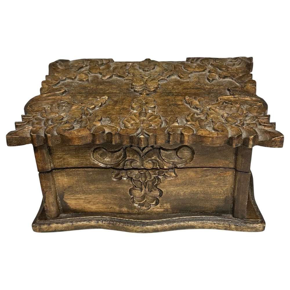 Vintage Hand Carved‎ Wooden Jewelry Box Floral Ornate Mirror 4 Compartments